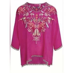 Johnny Was Women’s Size M Boho Embroidered Eyelet Blouse Crochet Tunic Top Pink